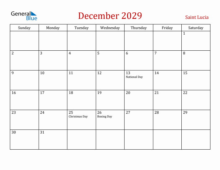 Saint Lucia December 2029 Calendar - Sunday Start