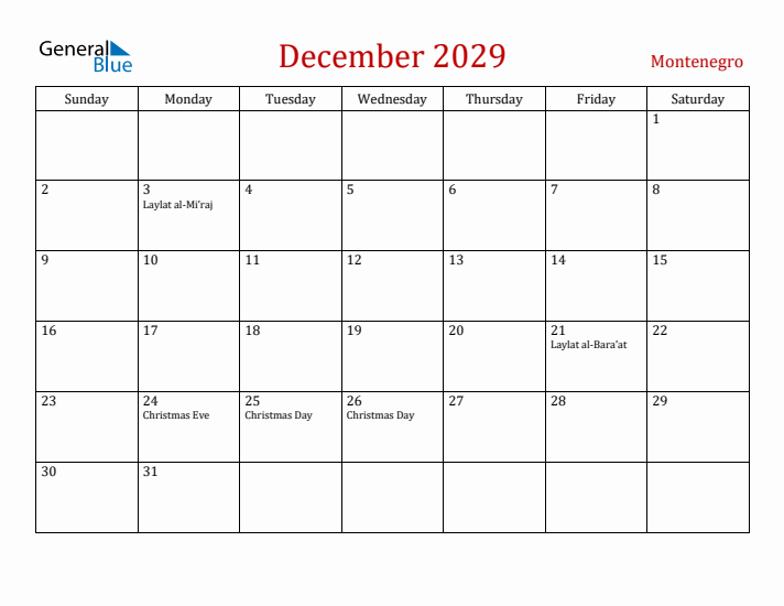 Montenegro December 2029 Calendar - Sunday Start