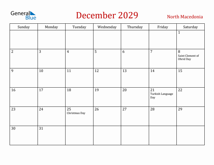 North Macedonia December 2029 Calendar - Sunday Start