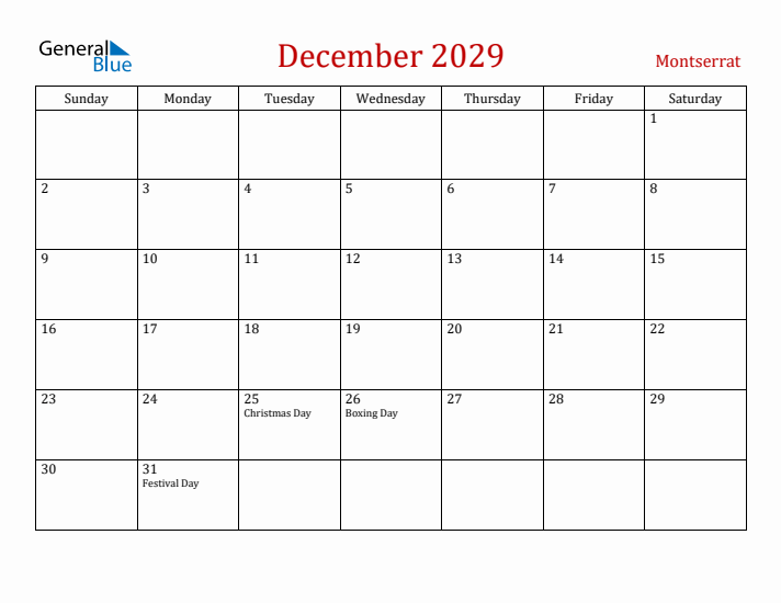 Montserrat December 2029 Calendar - Sunday Start