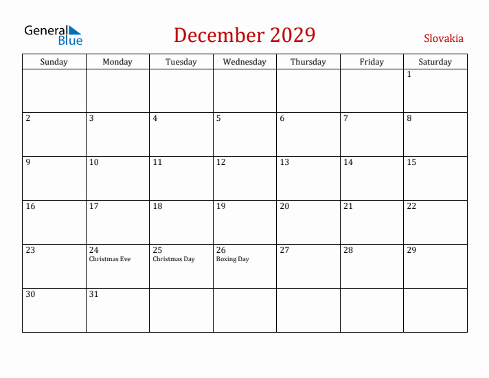 Slovakia December 2029 Calendar - Sunday Start
