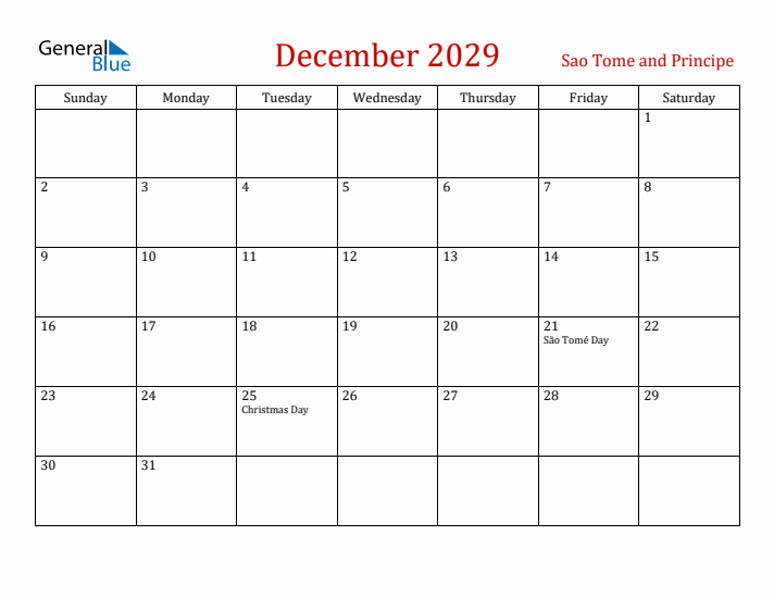 Sao Tome and Principe December 2029 Calendar - Sunday Start