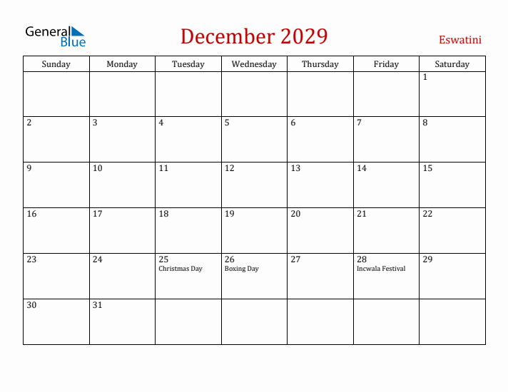 Eswatini December 2029 Calendar - Sunday Start