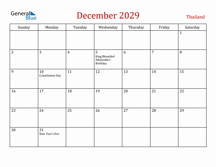 Thailand December 2029 Calendar - Sunday Start