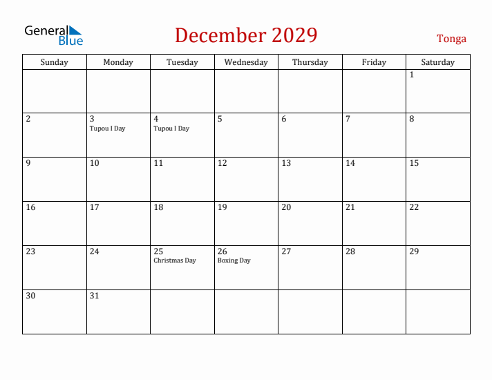 Tonga December 2029 Calendar - Sunday Start