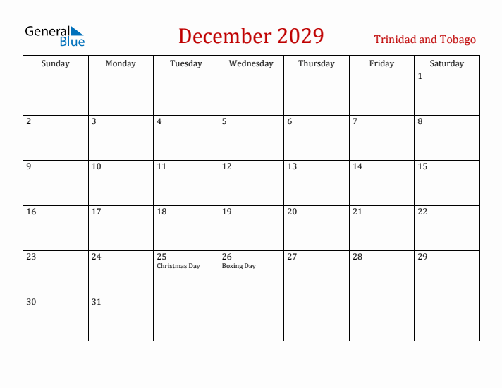 Trinidad and Tobago December 2029 Calendar - Sunday Start