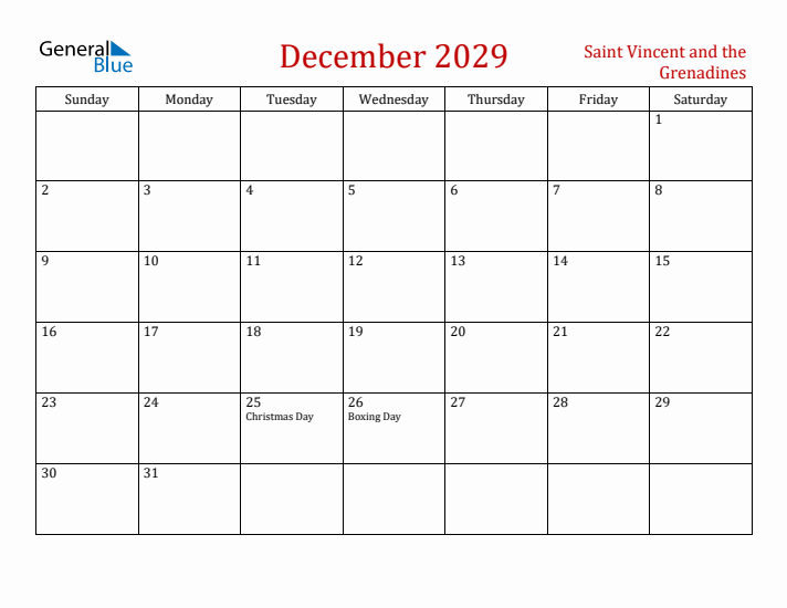 Saint Vincent and the Grenadines December 2029 Calendar - Sunday Start