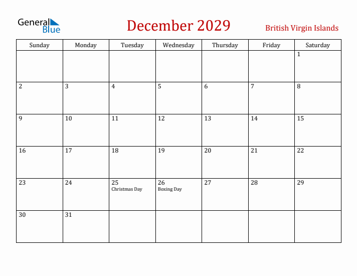 British Virgin Islands December 2029 Calendar - Sunday Start