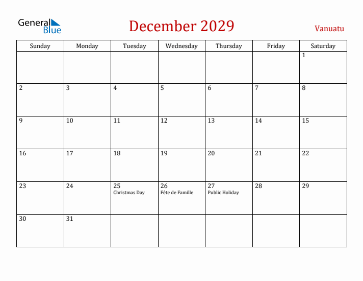 Vanuatu December 2029 Calendar - Sunday Start