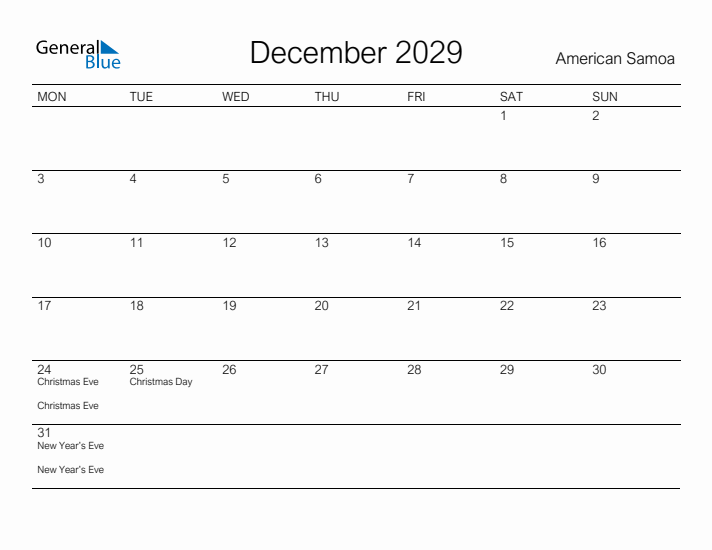 Printable December 2029 Calendar for American Samoa