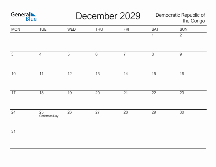 Printable December 2029 Calendar for Democratic Republic of the Congo