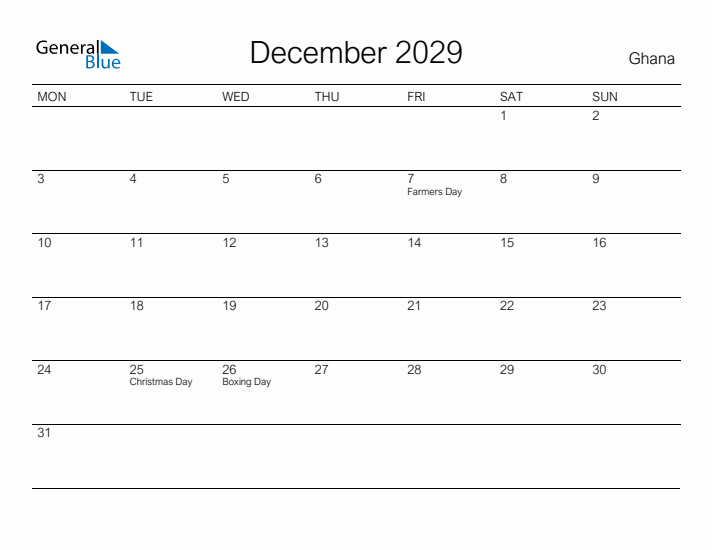 Printable December 2029 Calendar for Ghana