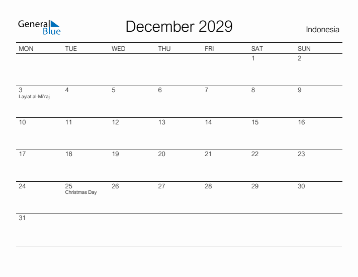 Printable December 2029 Calendar for Indonesia