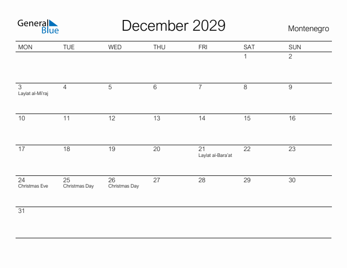 Printable December 2029 Calendar for Montenegro