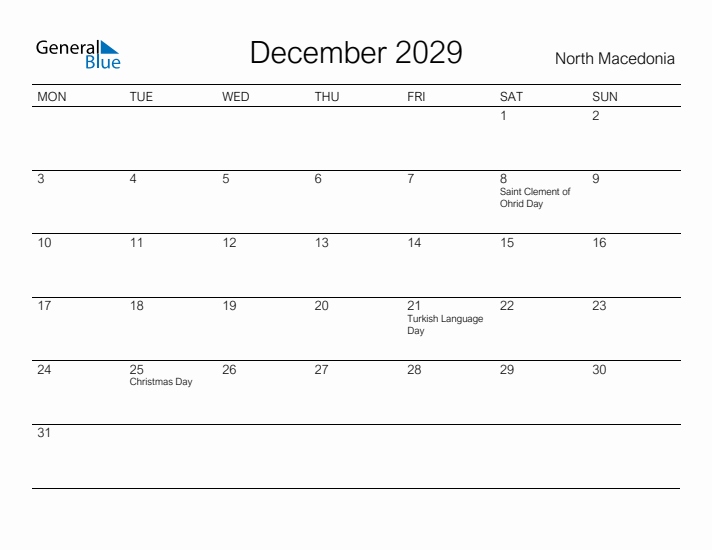 Printable December 2029 Calendar for North Macedonia