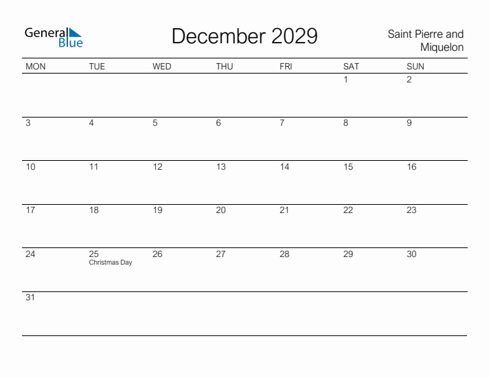 Printable December 2029 Calendar for Saint Pierre and Miquelon