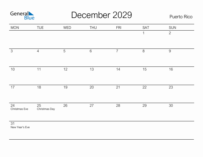 Printable December 2029 Calendar for Puerto Rico