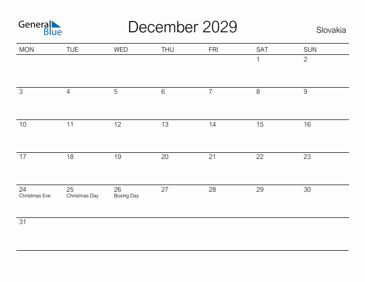 Printable December 2029 Calendar for Slovakia