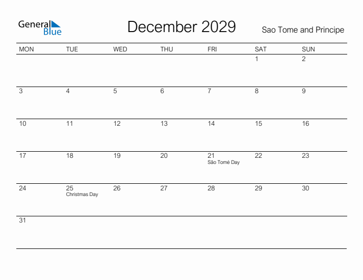 Printable December 2029 Calendar for Sao Tome and Principe