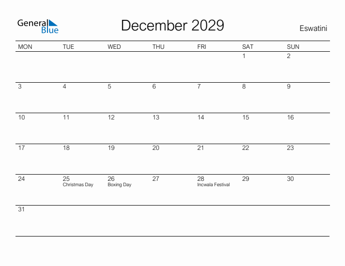 Printable December 2029 Calendar for Eswatini
