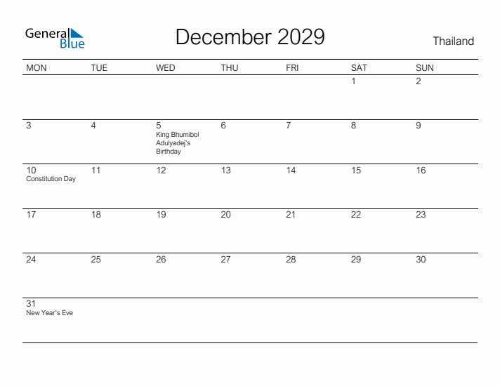 Printable December 2029 Calendar for Thailand