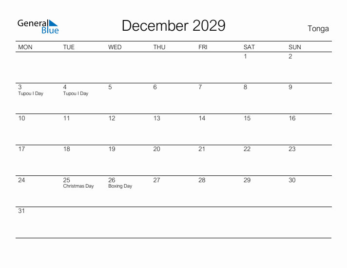 Printable December 2029 Calendar for Tonga