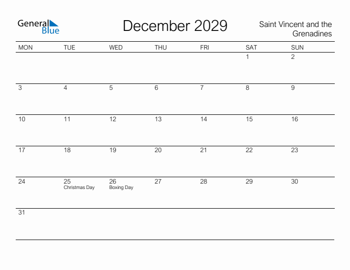 Printable December 2029 Calendar for Saint Vincent and the Grenadines