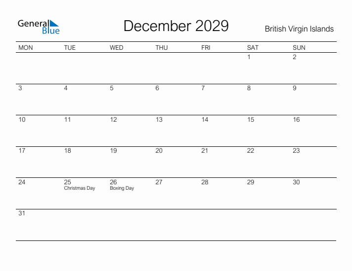 Printable December 2029 Calendar for British Virgin Islands
