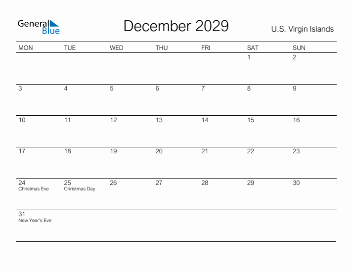 Printable December 2029 Calendar for U.S. Virgin Islands