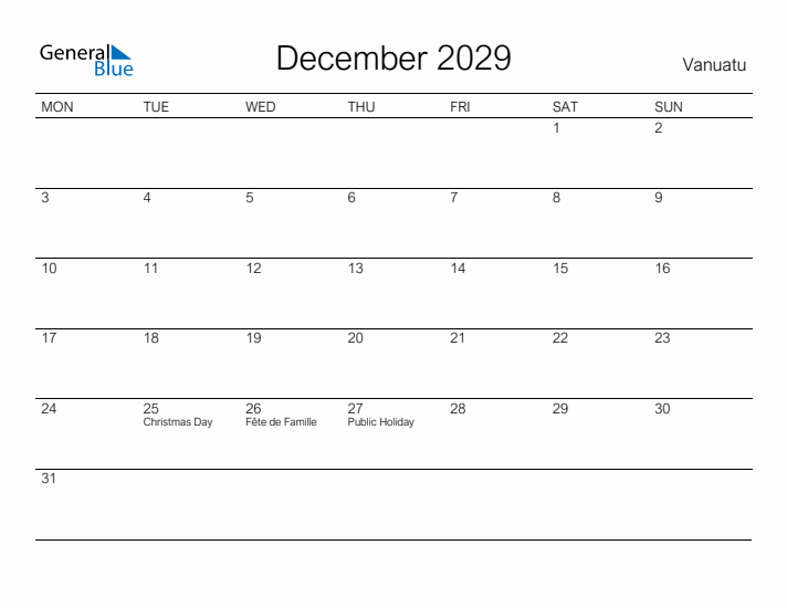 Printable December 2029 Calendar for Vanuatu