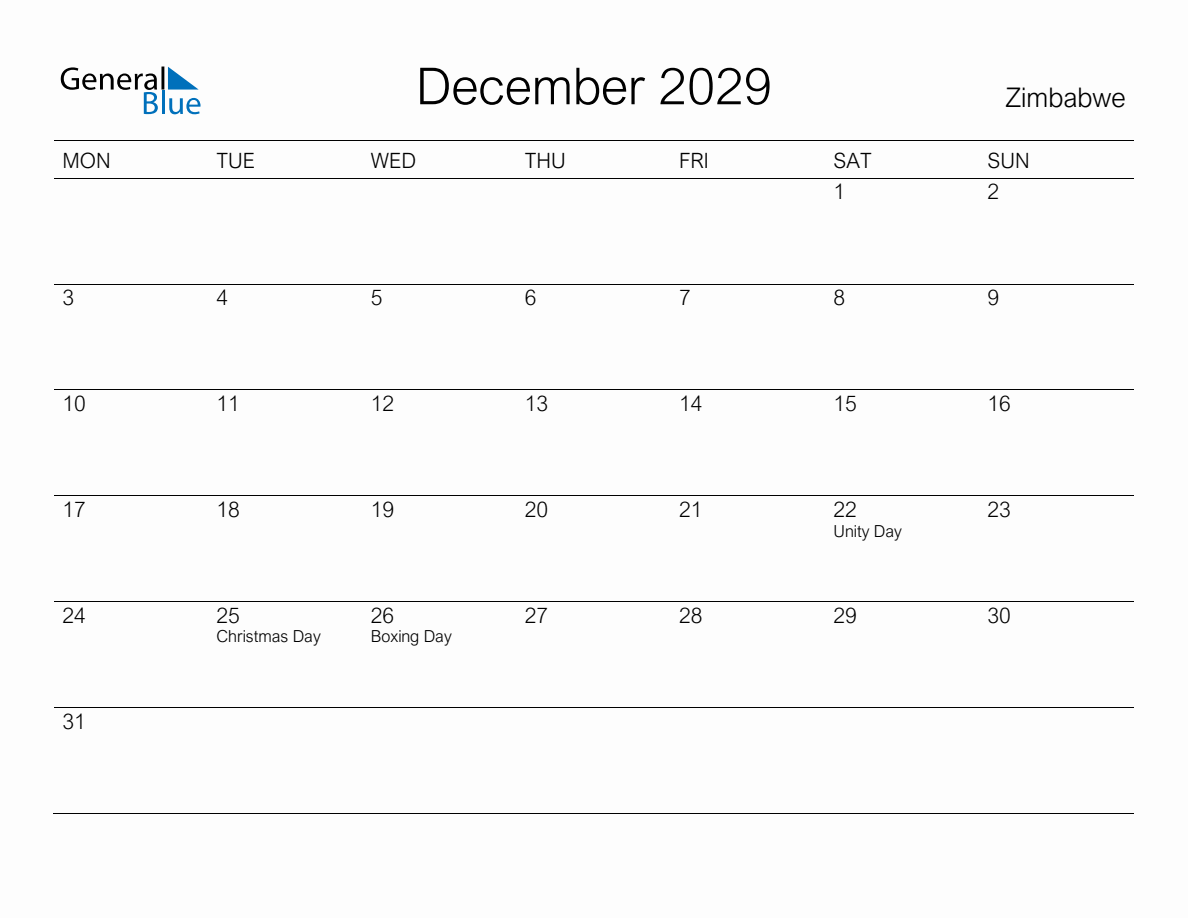 Printable December 2029 Monthly Calendar with Holidays for Zimbabwe ...