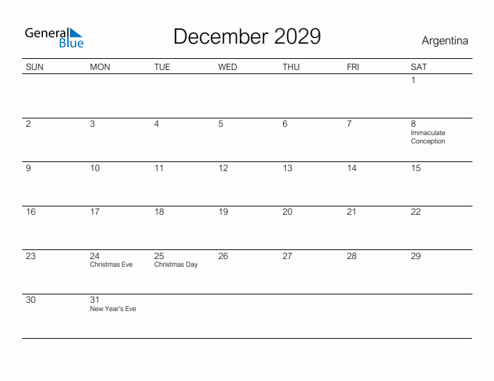 Printable December 2029 Calendar for Argentina