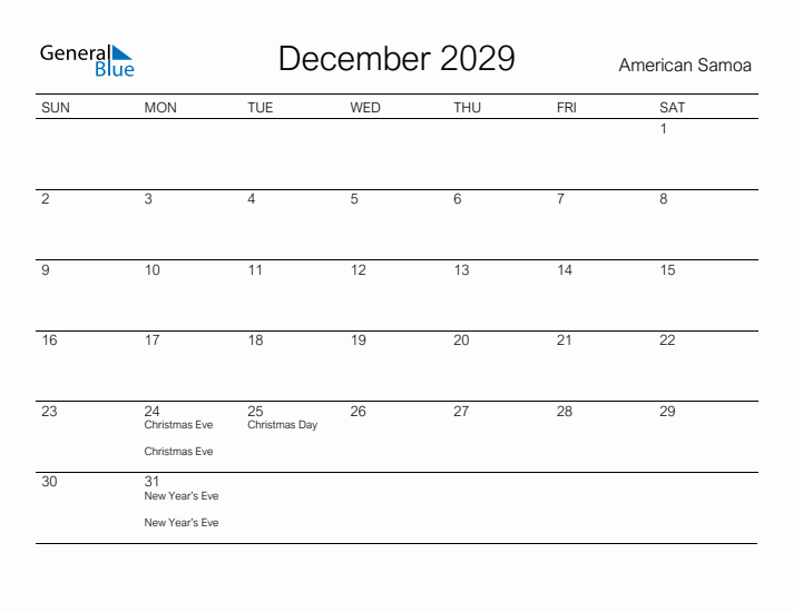 Printable December 2029 Calendar for American Samoa
