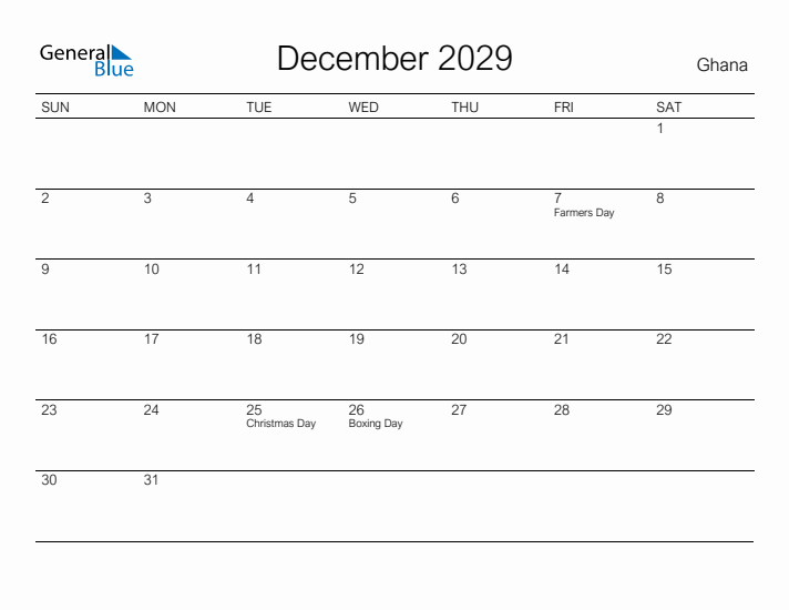 Printable December 2029 Calendar for Ghana