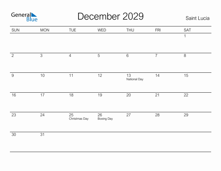 Printable December 2029 Calendar for Saint Lucia