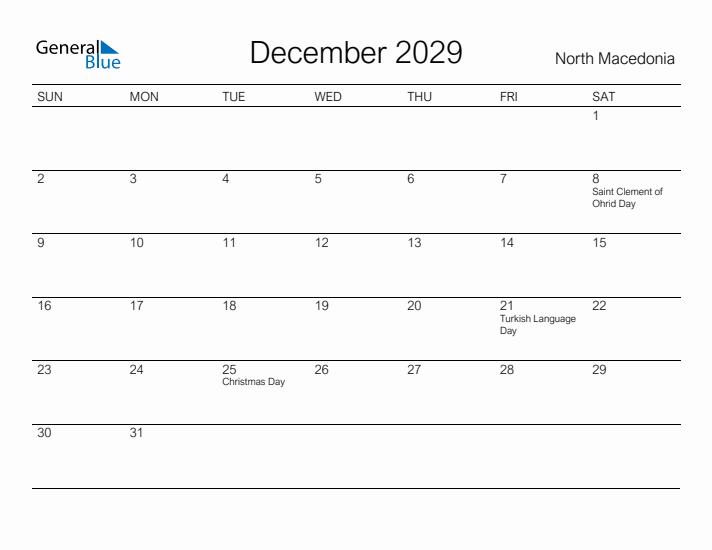 Printable December 2029 Calendar for North Macedonia