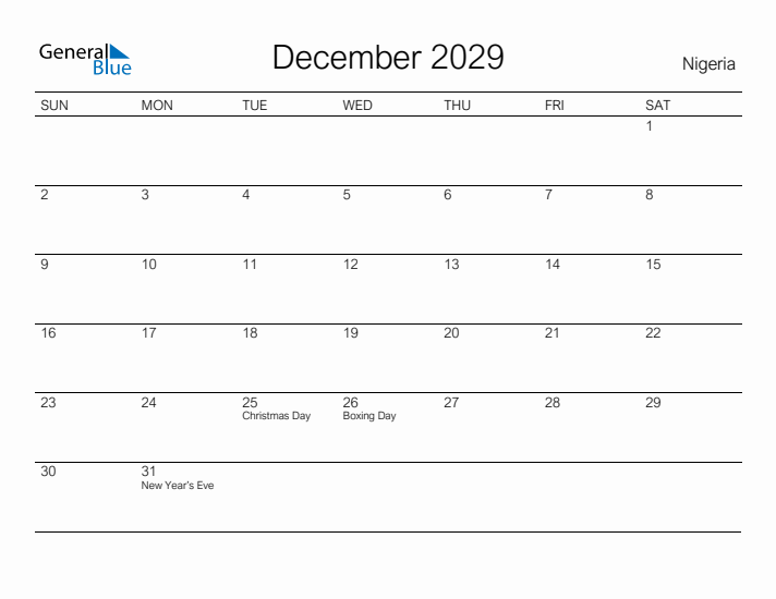 Printable December 2029 Calendar for Nigeria