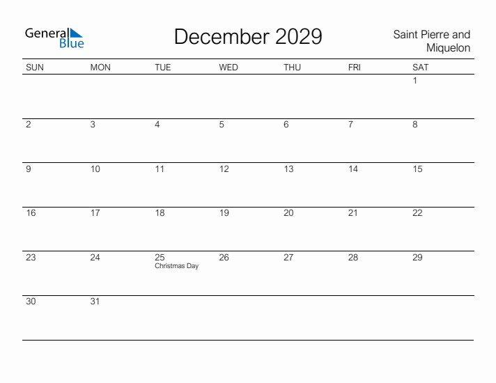 Printable December 2029 Calendar for Saint Pierre and Miquelon