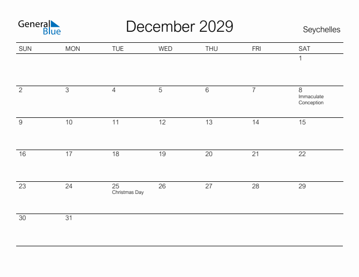 Printable December 2029 Calendar for Seychelles