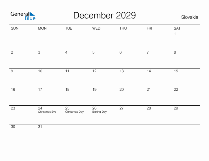 Printable December 2029 Calendar for Slovakia