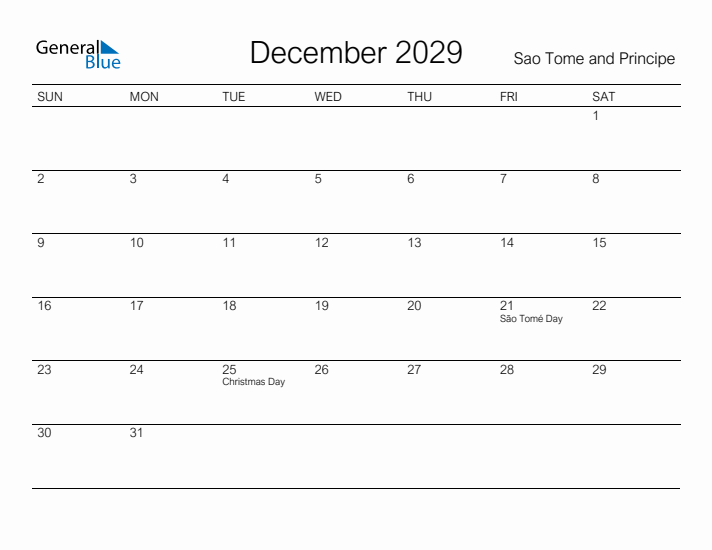 Printable December 2029 Calendar for Sao Tome and Principe