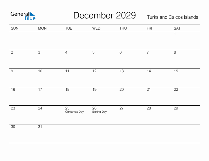 Printable December 2029 Calendar for Turks and Caicos Islands
