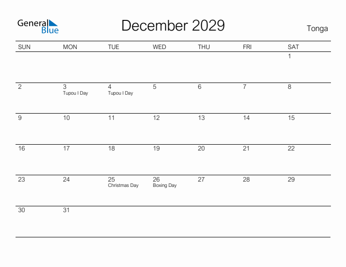 Printable December 2029 Calendar for Tonga
