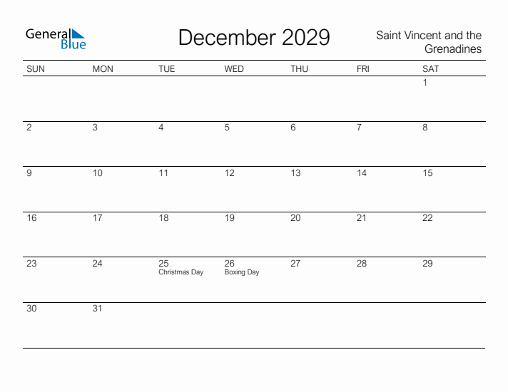 Printable December 2029 Calendar for Saint Vincent and the Grenadines