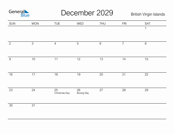 Printable December 2029 Calendar for British Virgin Islands