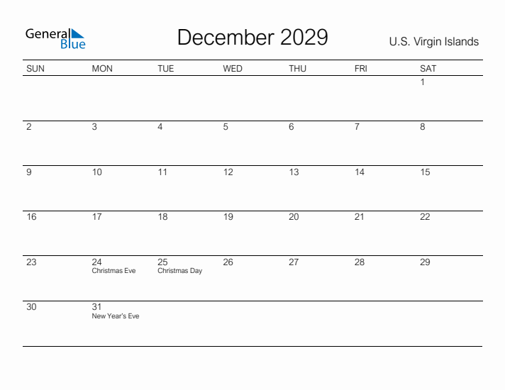 Printable December 2029 Calendar for U.S. Virgin Islands