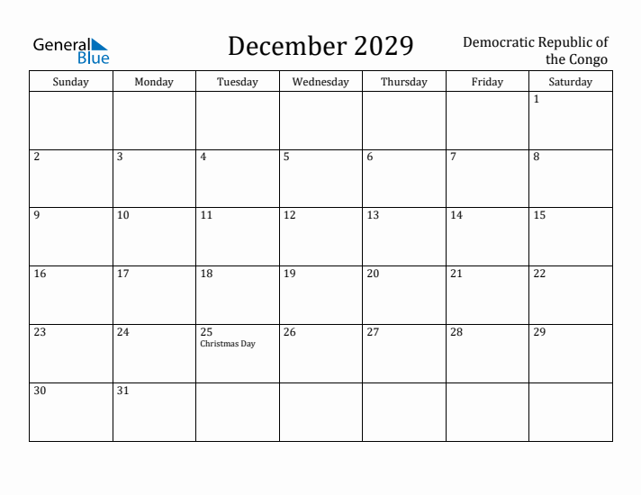 December 2029 Calendar Democratic Republic of the Congo