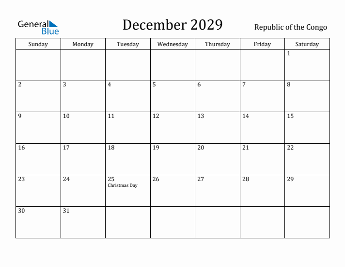 December 2029 Calendar Republic of the Congo