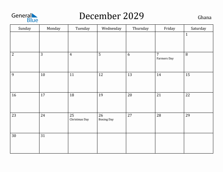 December 2029 Calendar Ghana