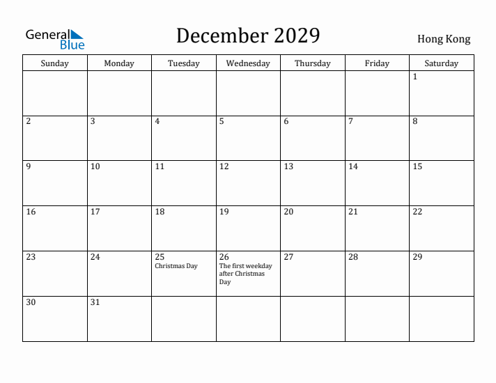 December 2029 Calendar Hong Kong